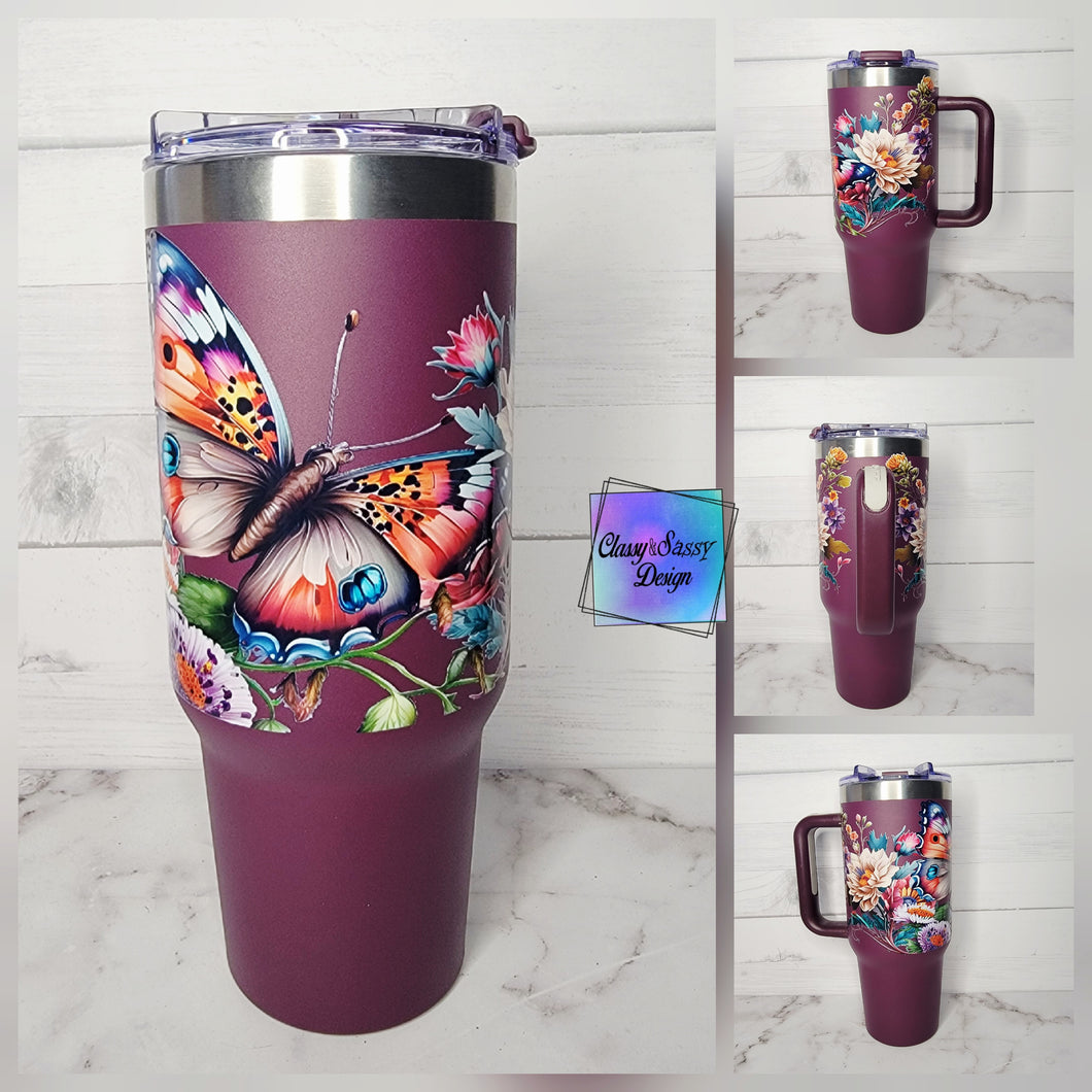 RTS 40oz Handled Floral Moth Tumbler